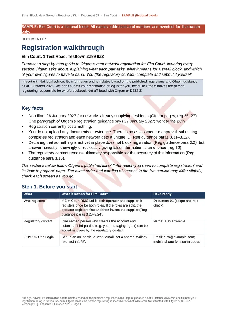 Page 1 of the sample registration walkthrough for Elm Court, a fictional block